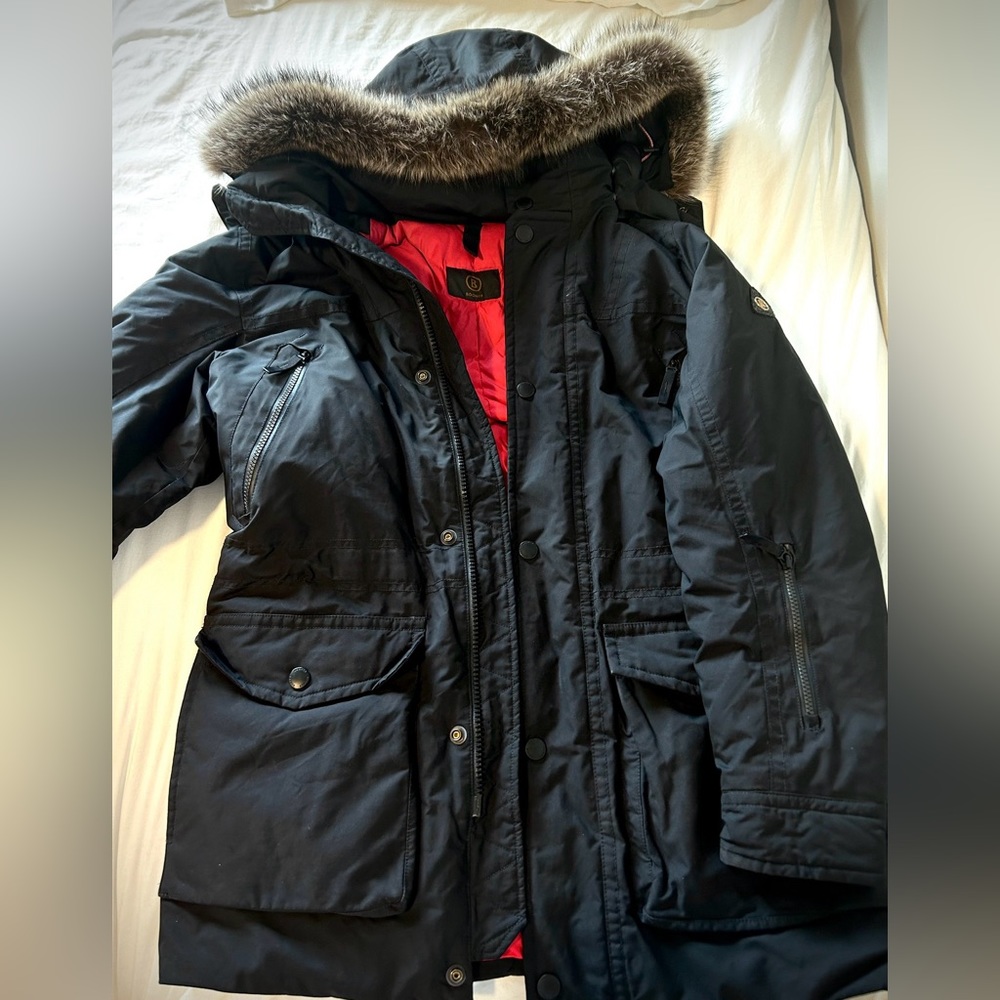 Bogner Unisex Black Performance Coat with Real American Raccoon Fur